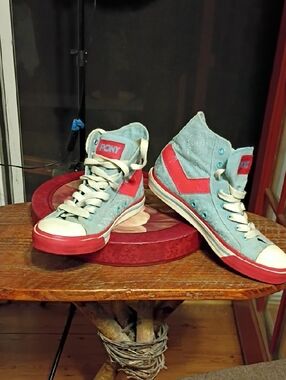 Pony High-Top Sneakers in Light Blue & Red